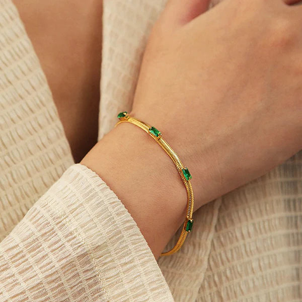 Green Emerald Stud Bracelet Anti Tarnish