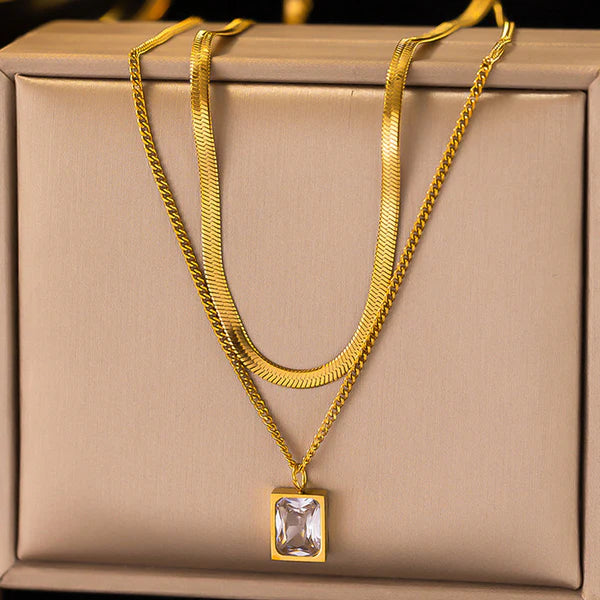 Dual White Emerald Necklace Stainless Steel Anti Tarnish