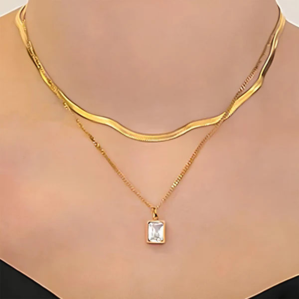 Dual White Emerald Necklace Stainless Steel Anti Tarnish