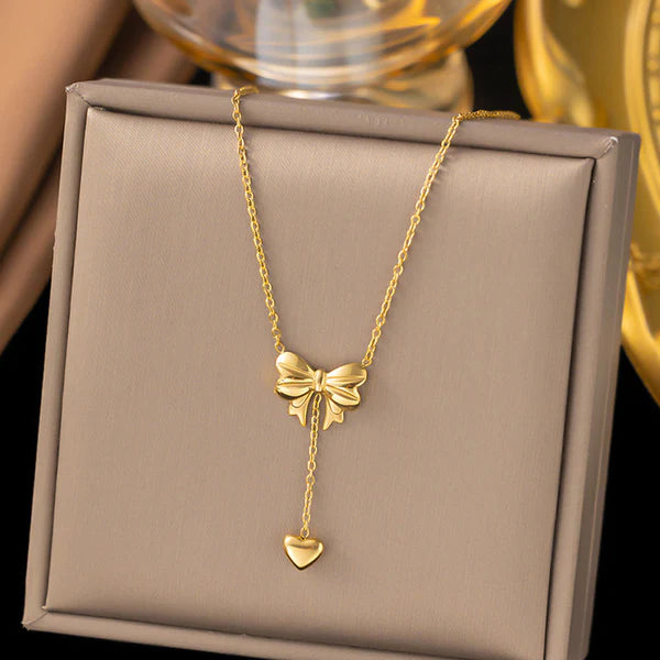 Bow With Heart Pendant Necklace Anti Tarnish