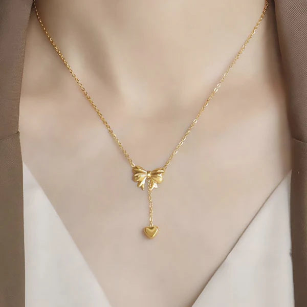 Bow With Heart Pendant Necklace Anti Tarnish