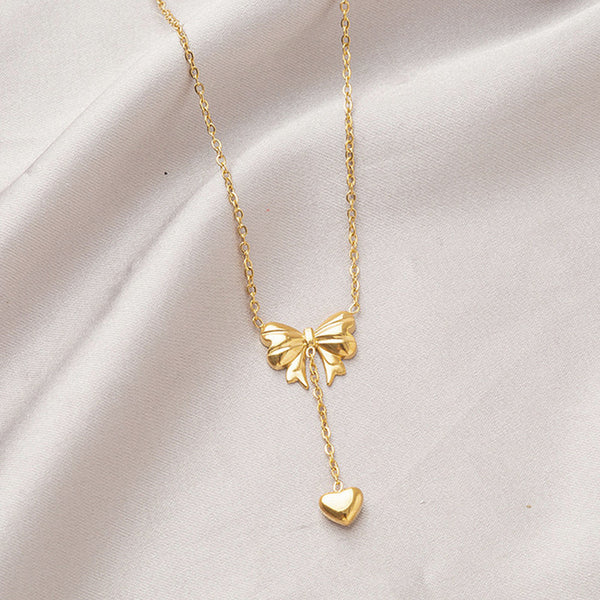 Bow With Heart Pendant Necklace Anti Tarnish