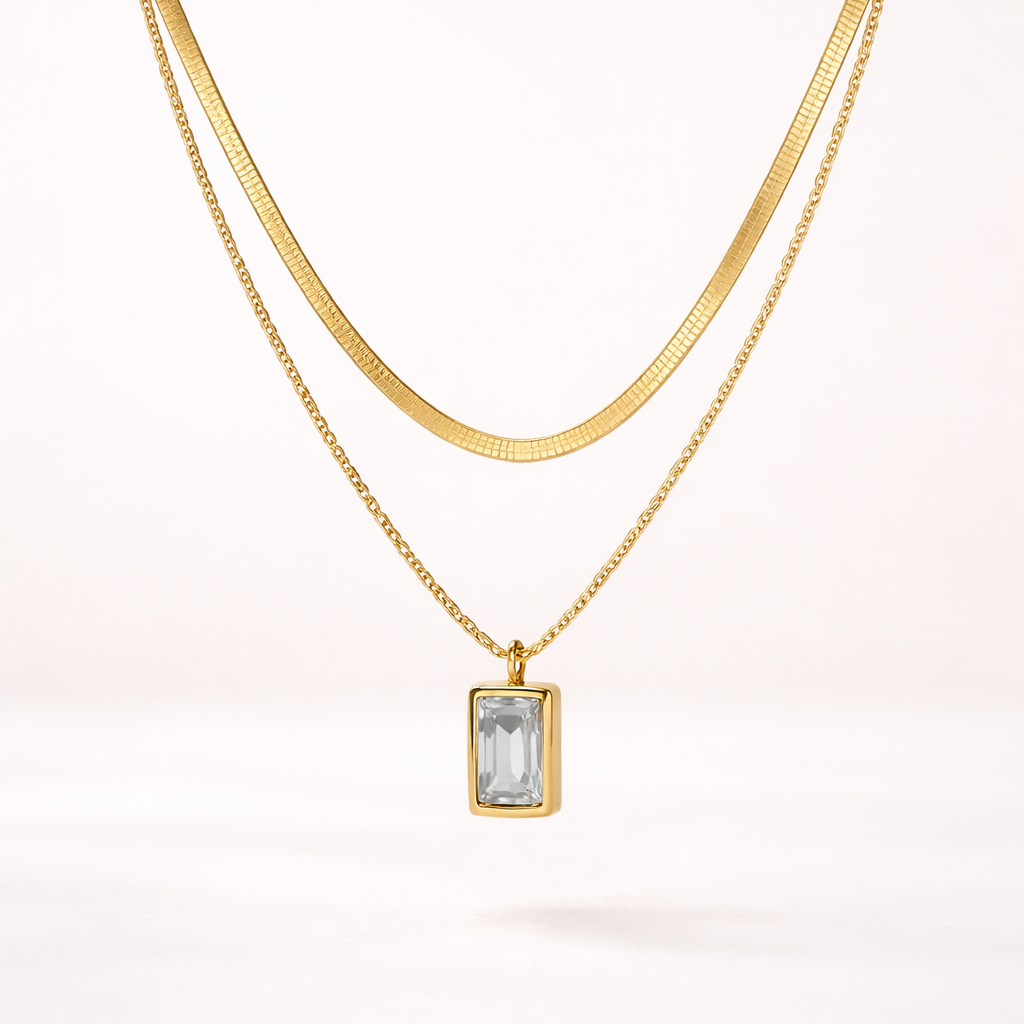 Dual White Emerald  Necklace Stainless Steel Anti Tarnish