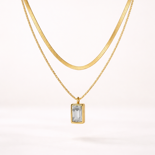 Dual White Emerald  Necklace Stainless Steel Anti Tarnish