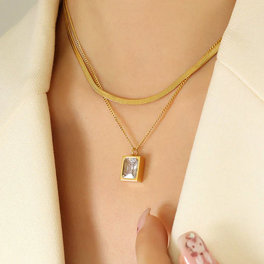 Dual White Emerald  Necklace Stainless Steel Anti Tarnish