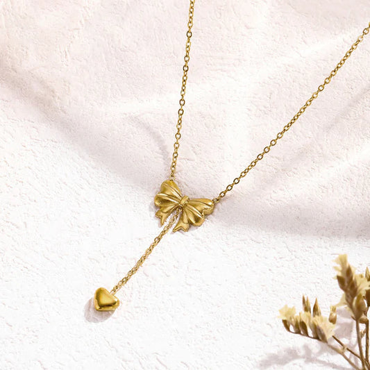 Bow With Heart Pendant Necklace Anti Tarnish