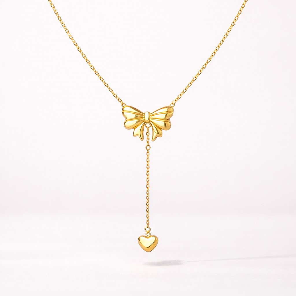 Bow With Heart Pendant Necklace Anti Tarnish